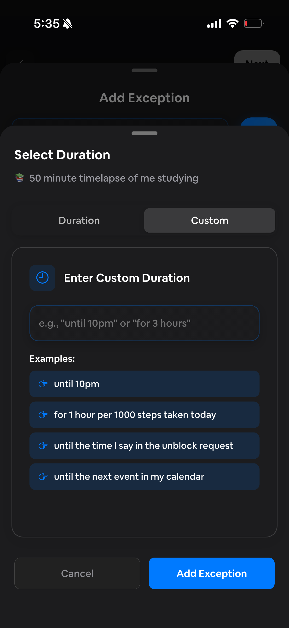 Setting exception duration