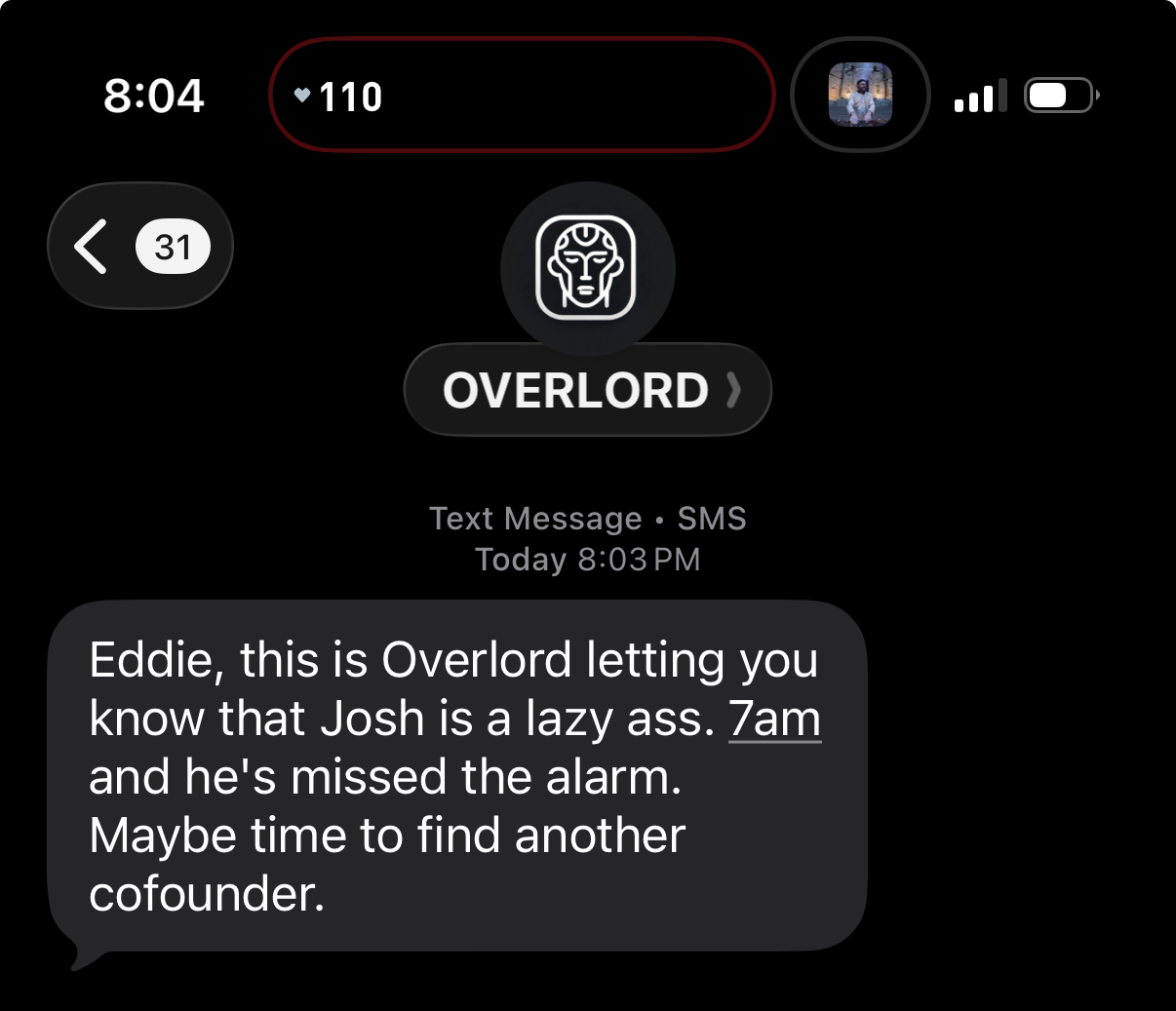 Text message from Overlord